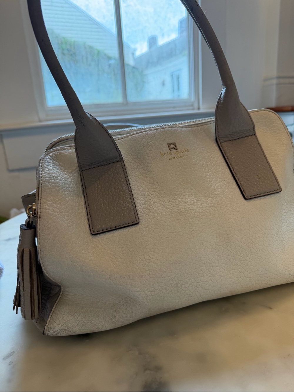 kate spade Cream and Taupe Leather Satchel with Tassel - Picture 2 of 16
